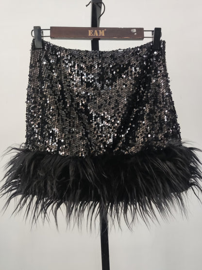 Summer Women's Fashion Sequin Feather Stitched Short Skirts