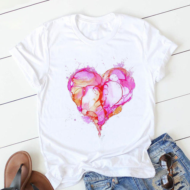 Fashion Flower Love Print Short Sleeve