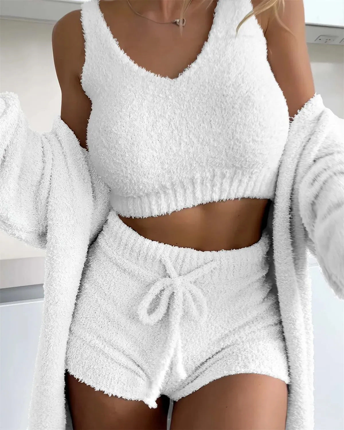 Thermal Three-piece Fluff Coat Spaghetti Strap Short Top Shorts Suit