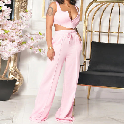 Women's Clothing Solid Color Wide Leg Pants Two-piece Set