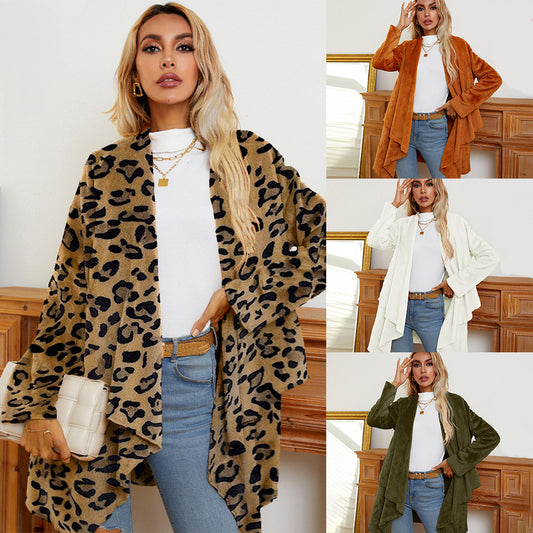 Women's Leopard Printed Irregular Hem Flannel Fashion Cardigan Coat