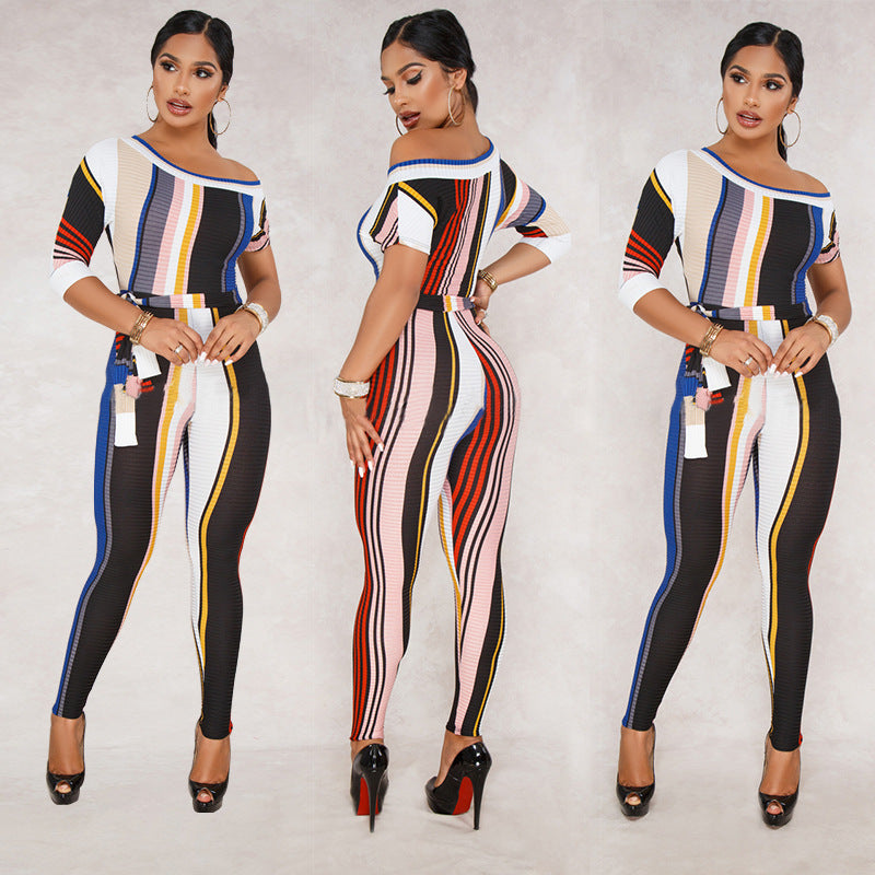 Striped sexy mid-sleeve jumpsuit