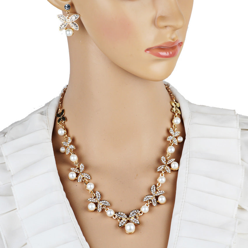 Pearl butterfly necklace, earrings Set