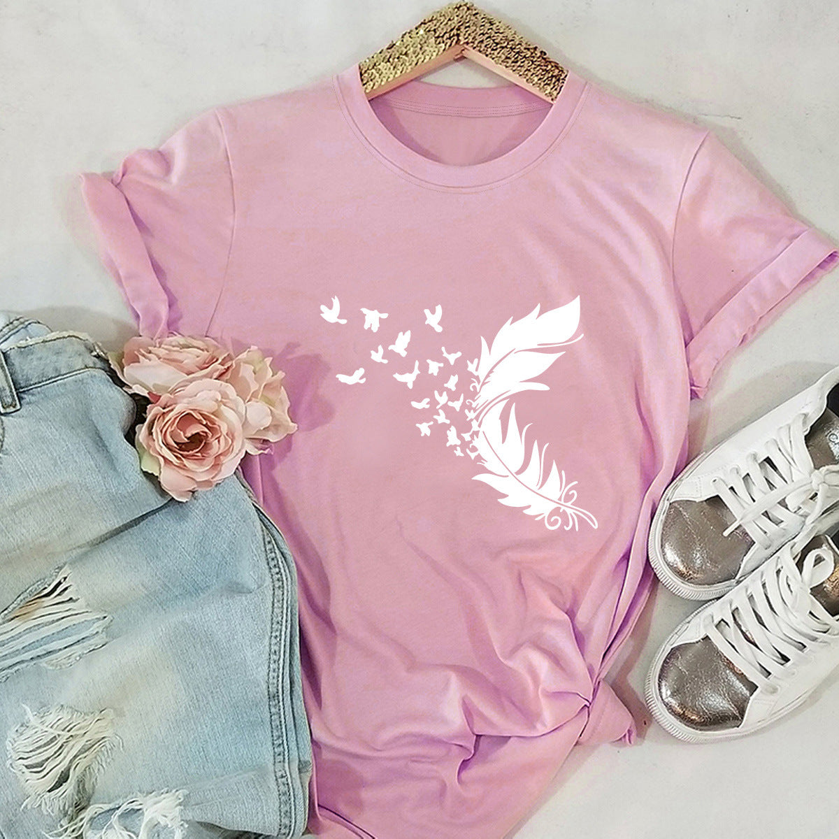 Summer Women Clothing New Feather Print T-Shirt