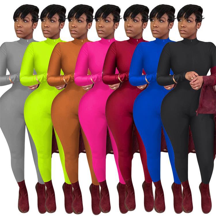 Women's Solid Color Long Zipper Tight-fitting Long-sleeved Jumpsuit