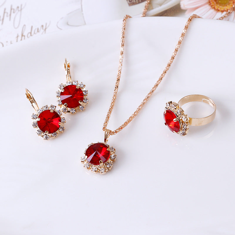 Round Crystal Necklace Earrings Ring Set