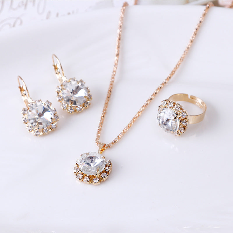 Round Crystal Necklace Earrings Ring Set