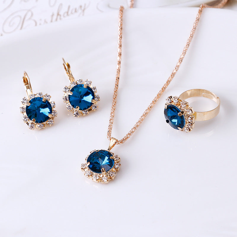 Round Crystal Necklace Earrings Ring Set