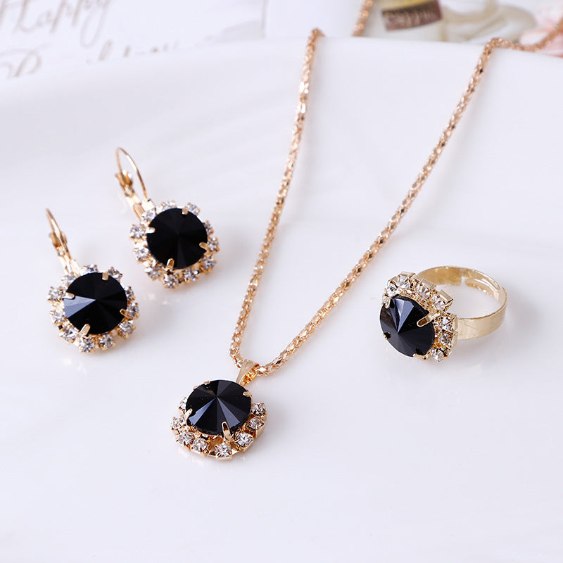 Round Crystal Necklace Earrings Ring Set