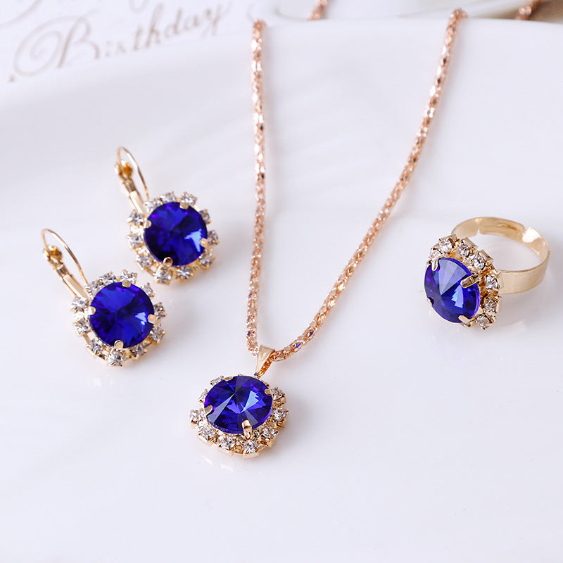 Round Crystal Necklace Earrings Ring Set