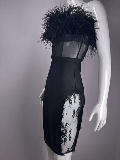 Sexy Tube Top Ostrich Feather Mesh Lace Bandage One-piece Dress