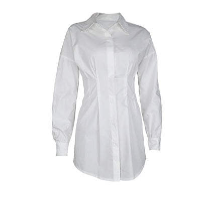 Pleated waist cotton long-sleeved shirt