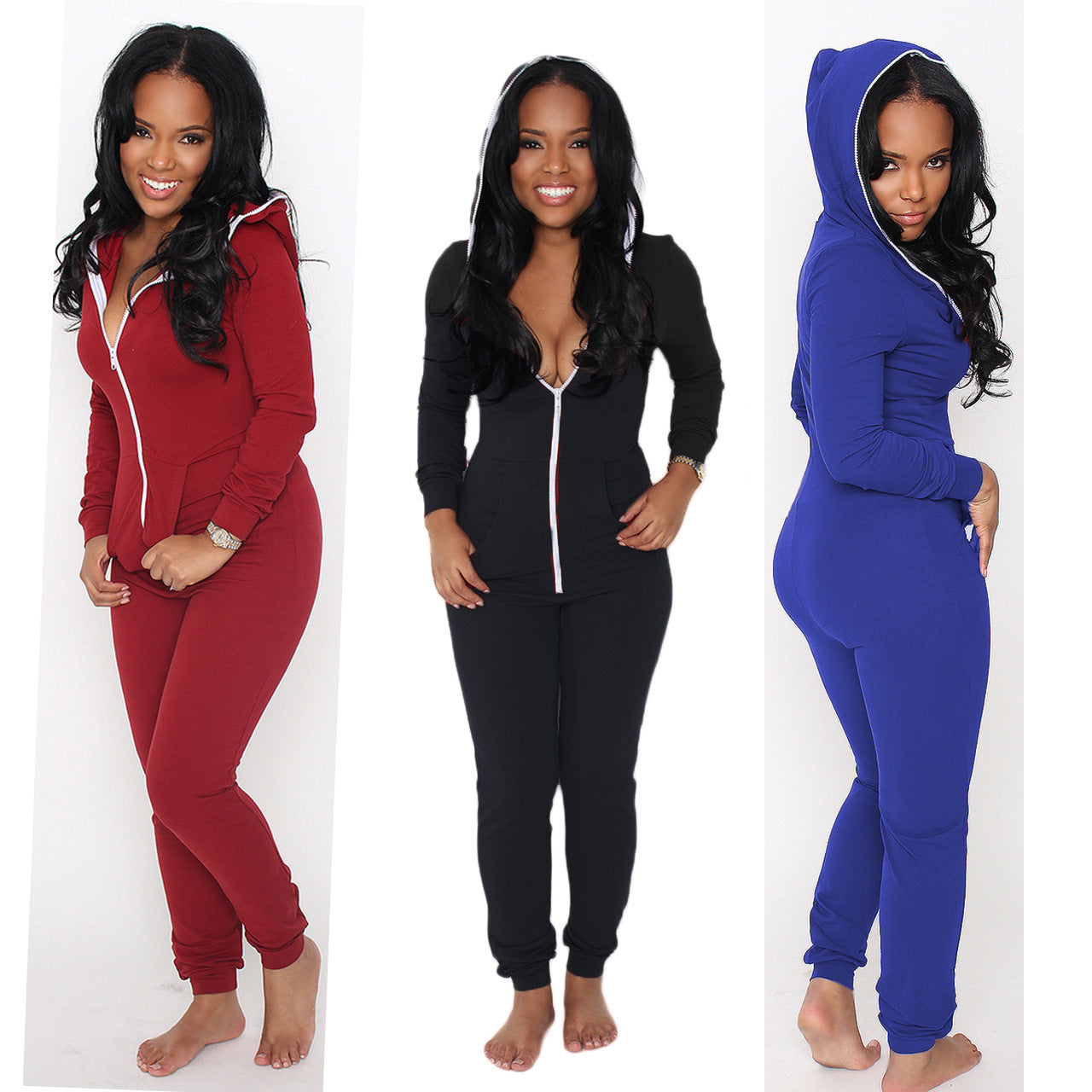 Women's Fashion Velvet Padded Hooded Zipper One-piece Trousers With Pockets