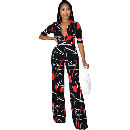 Fashion Digital Printing V-Neck Women's Jumpsuit Long