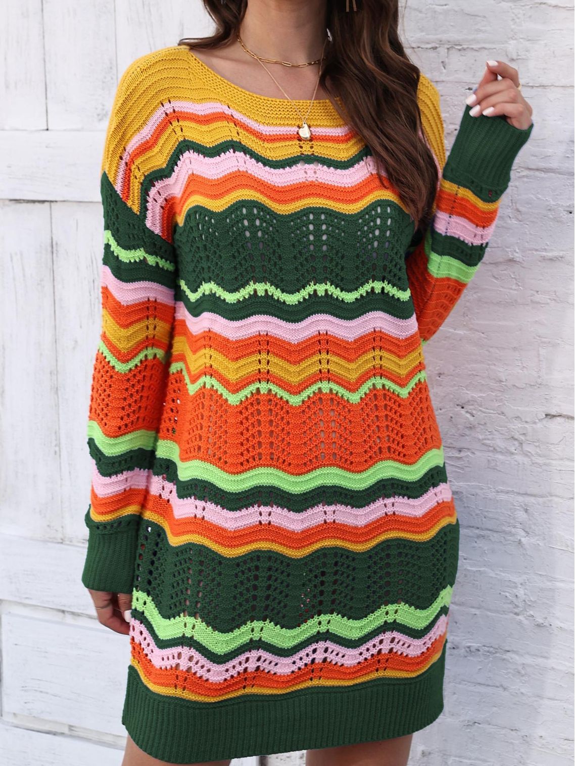 Women's Patchwork Stripes Pullover Woolen Dress