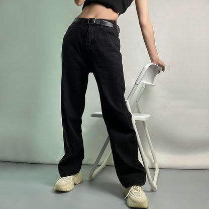 High Waist Straight Leg Jeans Women Pure Black Casual