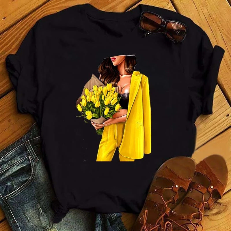 Fashion Girl Print Ladies Short Sleeve  Loose T-shirt