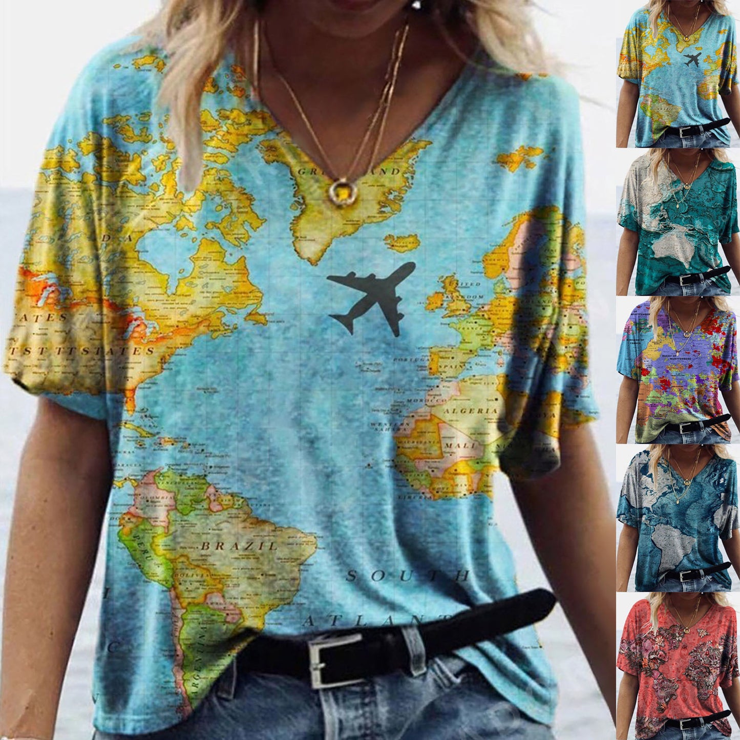 New Female Map Print V-Neck Short-Sleeved T-Shirt