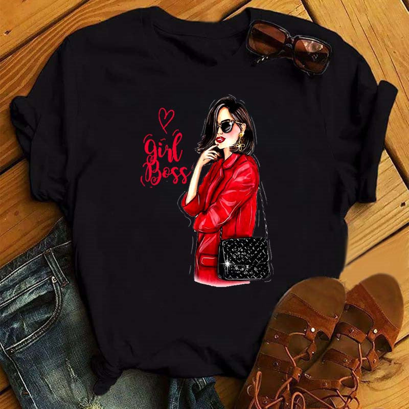 Fashion Girl Print Ladies Short Sleeve  Loose T-shirt