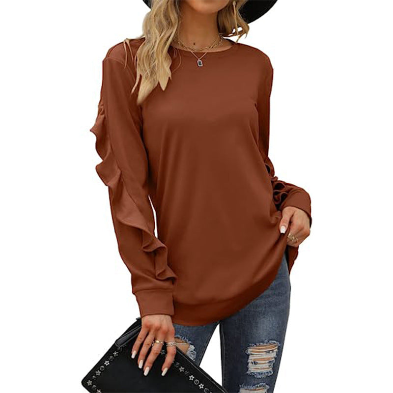 Women's Clothing Casual Round Neck Sweater Pleated Long Sleeve Top