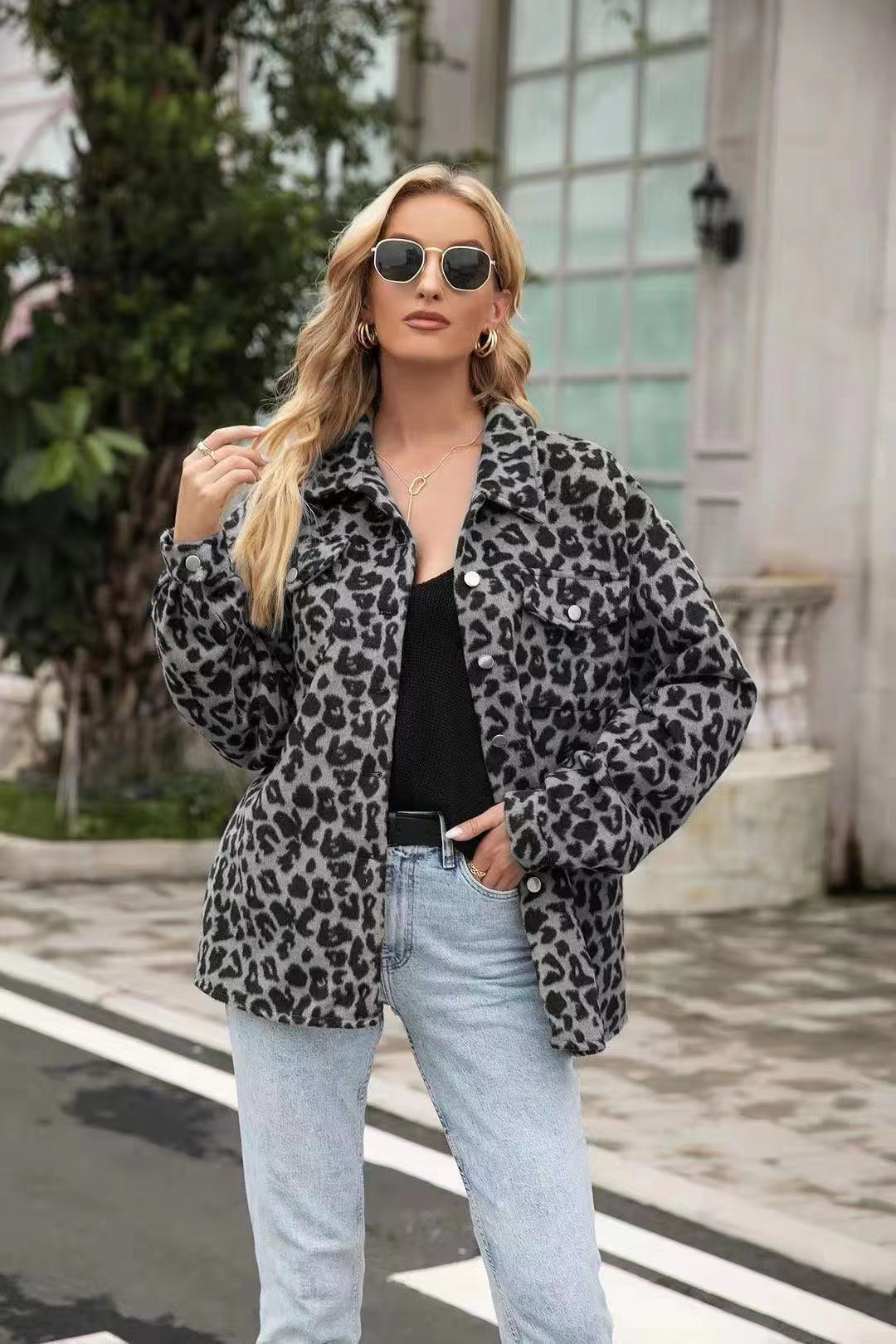 Women's Fashion Long Sleeve Lapel Leopard Print Shirt Coat