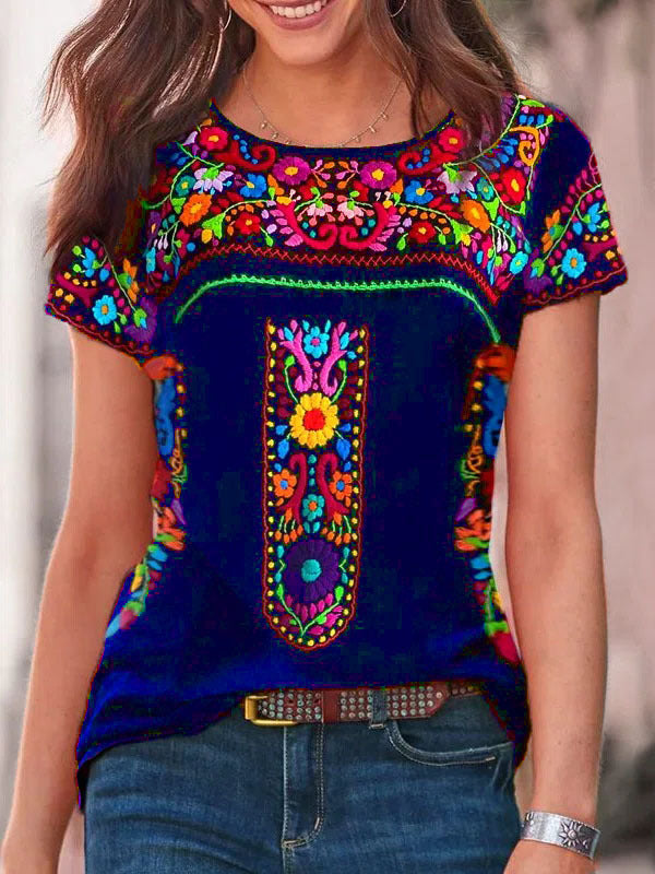 Women's Bohemian Print Round Neck Short Sleeve T-shirt