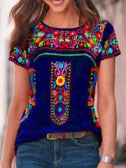 Women's Bohemian Print Round Neck Short Sleeve T-shirt