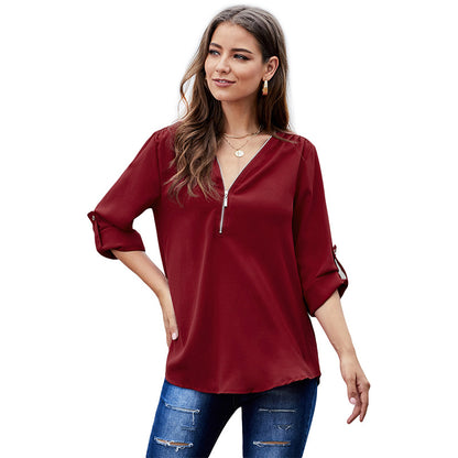 Women's Shirts Solid Color Sexy V-neck Zipper Half Sleeves