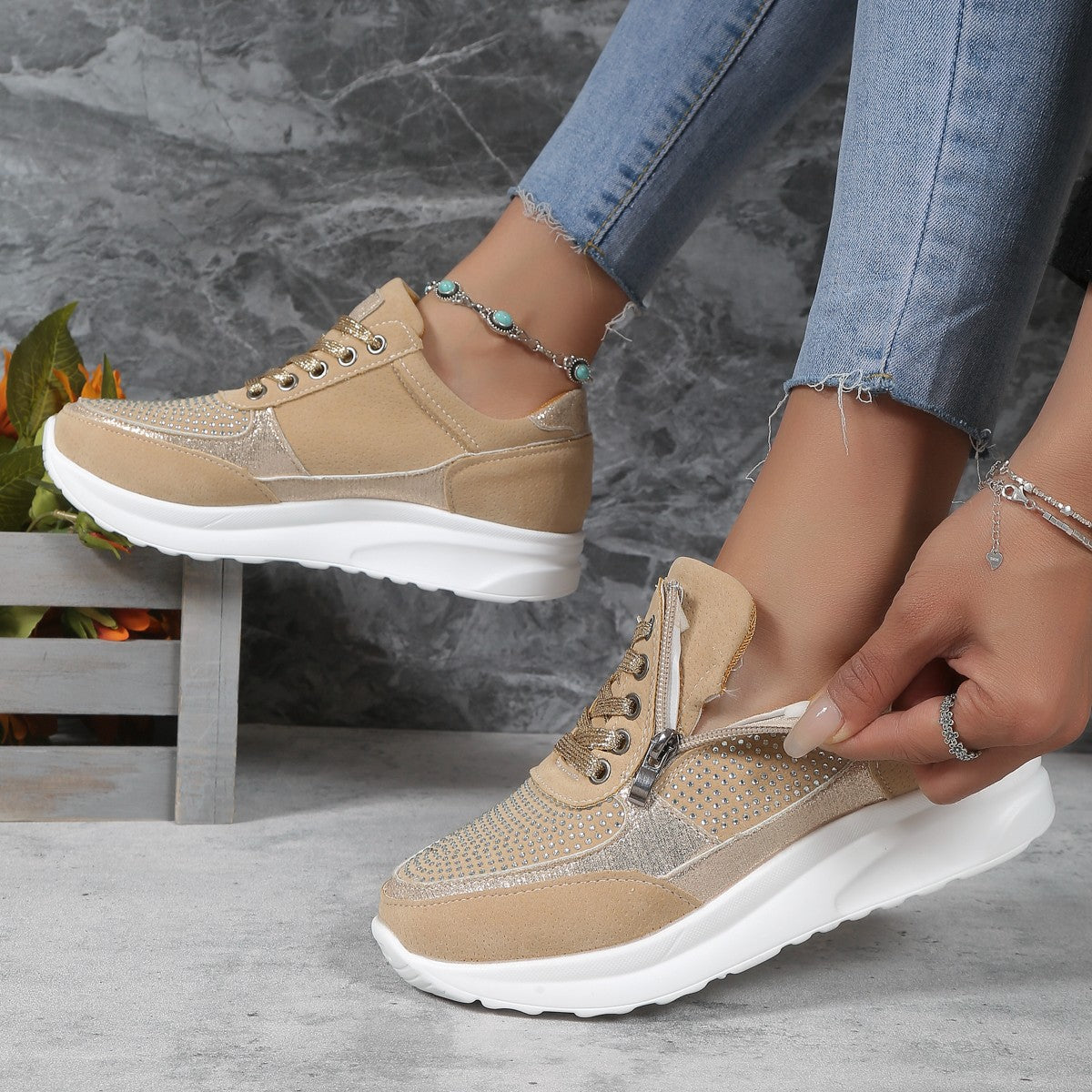 Flat Round Toe Rhinestone Casual Shoes