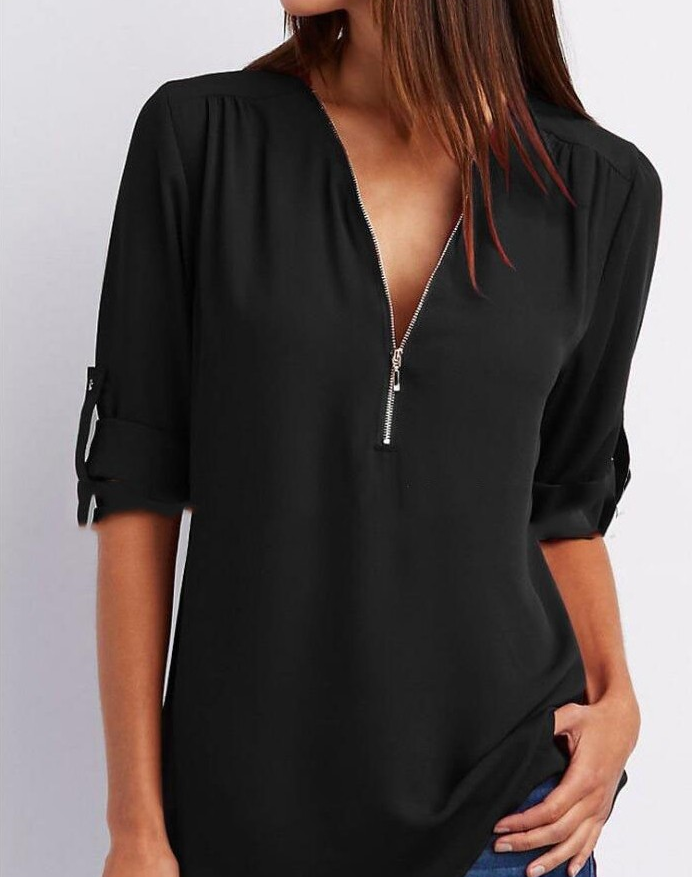 Zip V-neck Shirts Women Short Sleeve Loose Tops