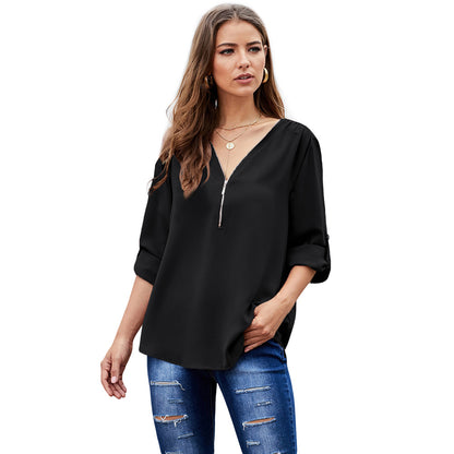 Women's Shirts Solid Color Sexy V-neck Zipper Half Sleeves