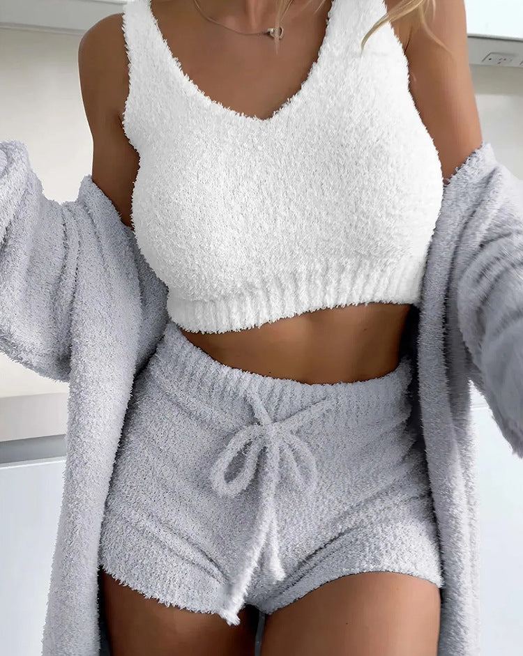 Thermal Three-piece Fluff Coat Spaghetti Strap Short Top Shorts Suit