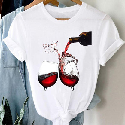 Women Printed Wine Lady Short Sleeve Casual