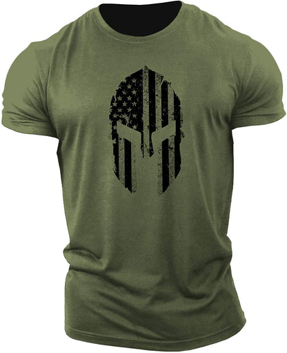 Men's American Flag Helmet Fitness Short Sleeve Cotton Gym T-shirt