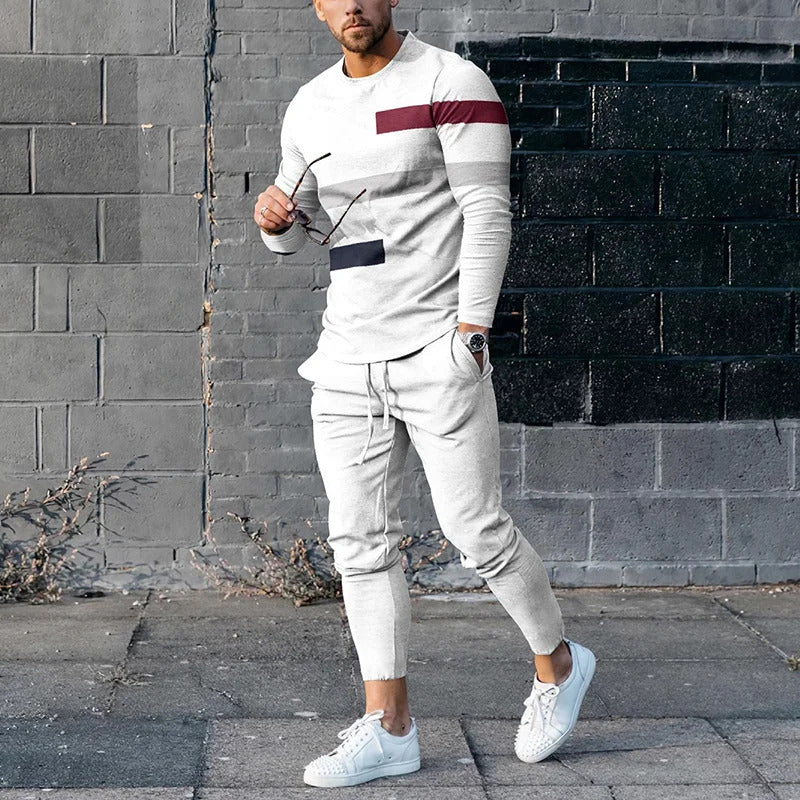 Men's Round Neck Striped Sweatshirt Suit