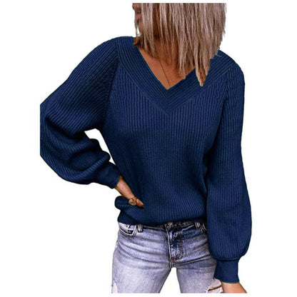 Women's Loose Knit V-Neck Solid Color Pullover Top