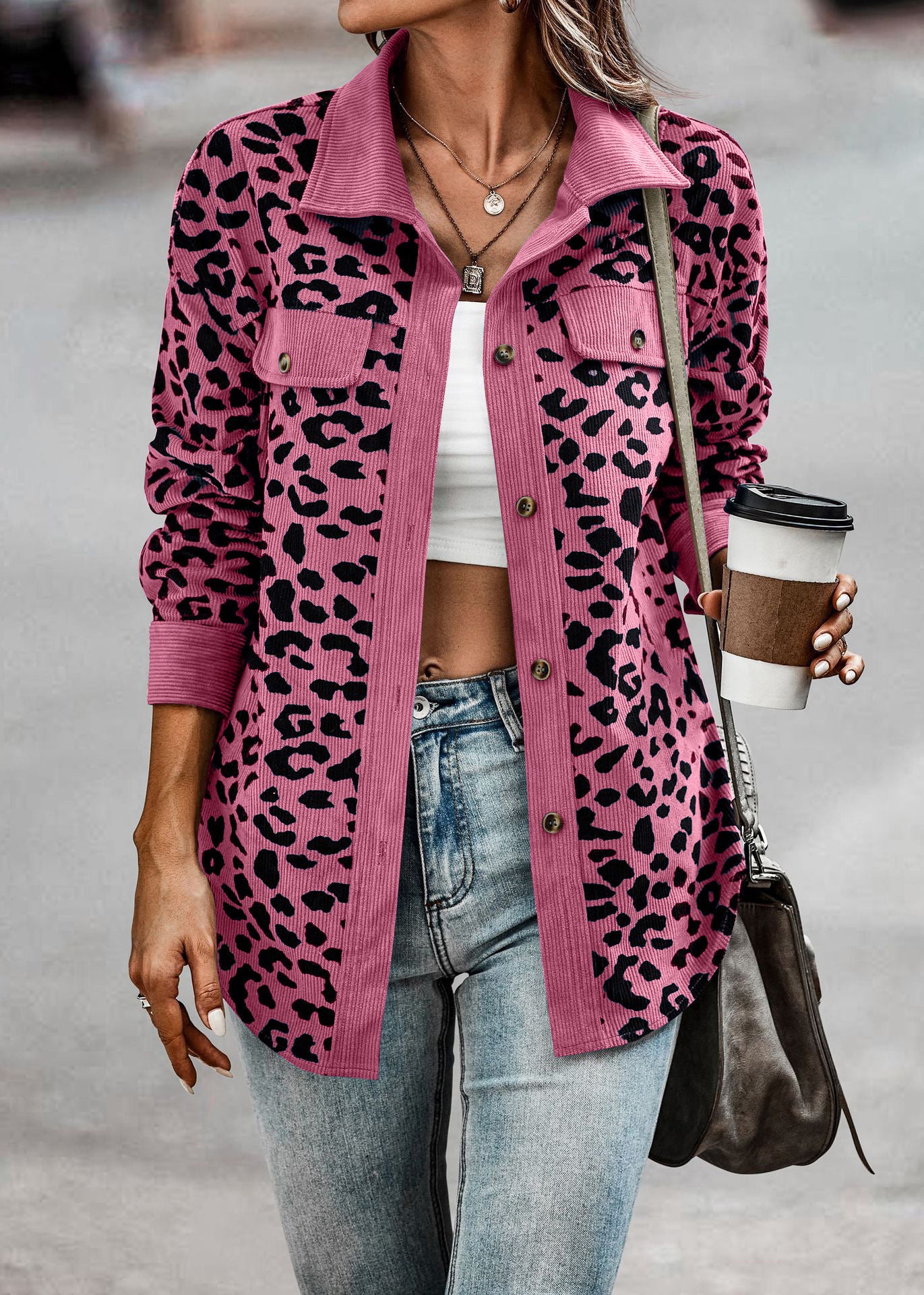 Leopard Print Shirt Coat Fashion Button Long Sleeve Jacket