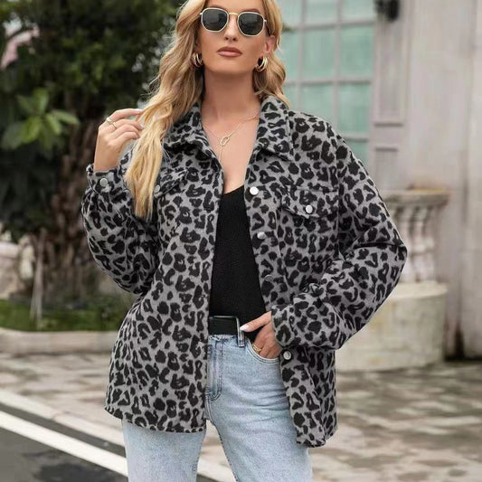 Women's Fashion Long Sleeve Lapel Leopard Print Shirt Coat