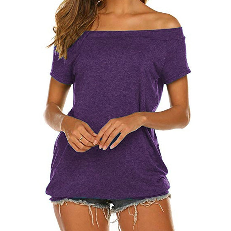 Women's Pullover Solid Color Short Sleeve Off-the-shoulder Loose-fitting Casual T-shirt