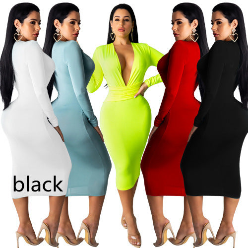 Fashion Deep V Neck Hip Dress Long Sleeve Dress