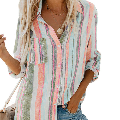 Striped Lapel Long-sleeved Cardigan Single-breasted Shirt