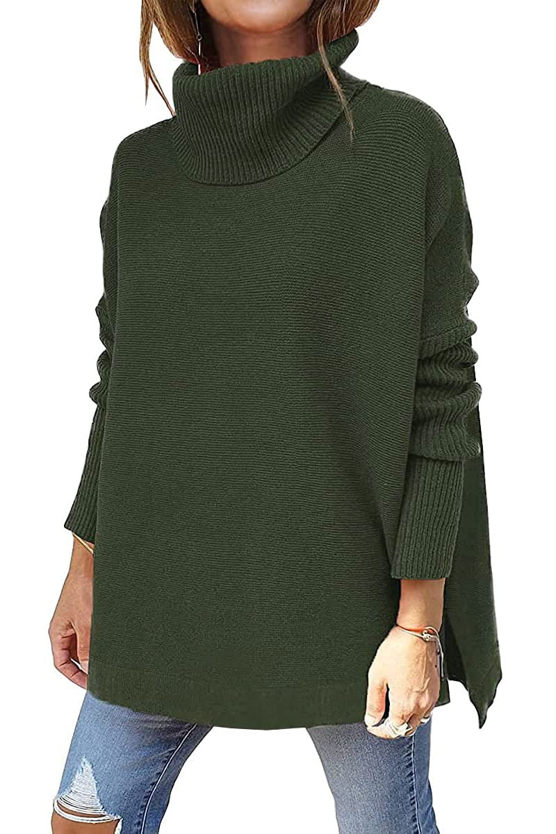 Turtleneck Sweater Mid Length Batwing Sleeve Slit Hem Tunic Pullover Sweaters