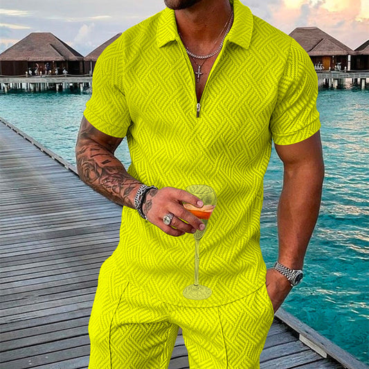 Men's 3D Printed Short Sleeve Geometric Zip Lapel Shirt Set