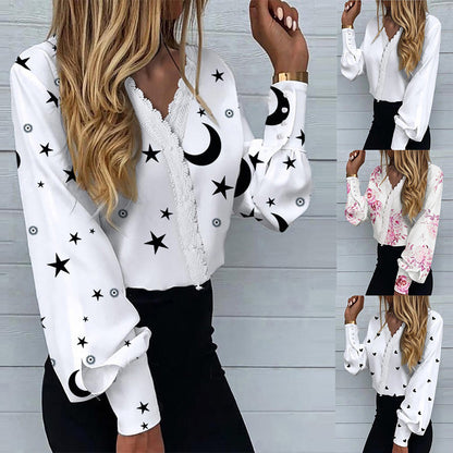 Women's Fashionable Printed Lace Casual Shirt