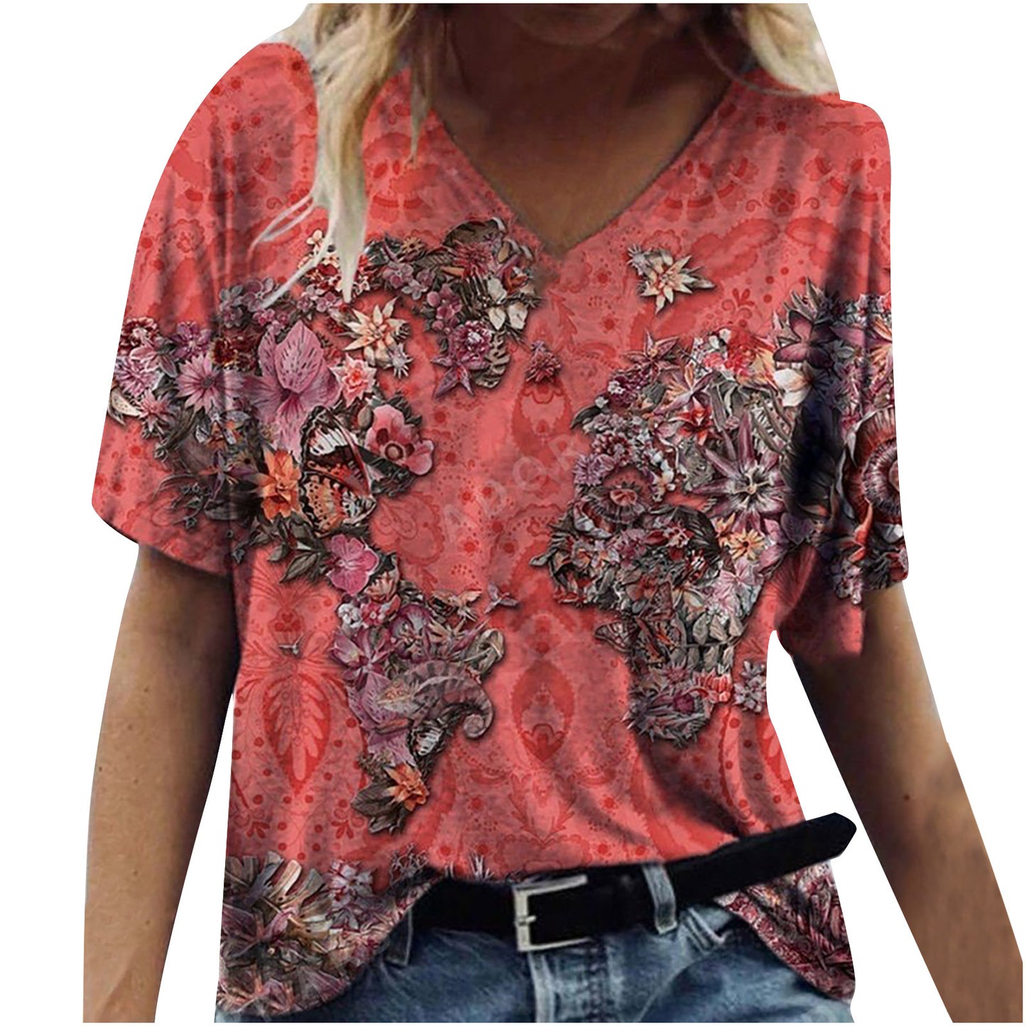 New Female Map Print V-Neck Short-Sleeved T-Shirt