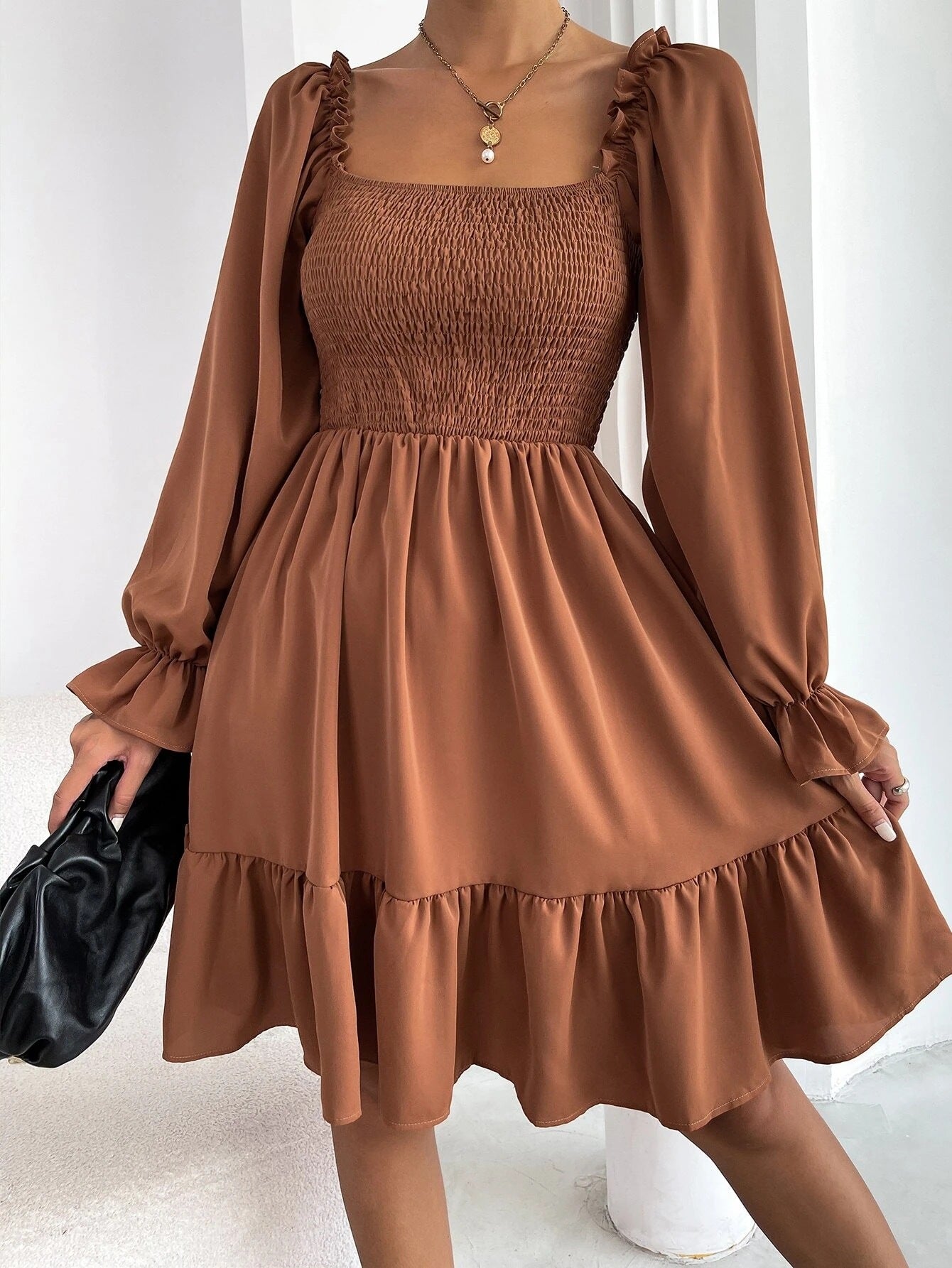 Flared Long Sleeve  Square Neck Ruffled Swing Dress