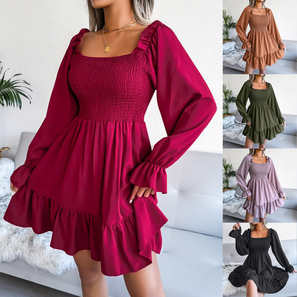 Flared Long Sleeve  Square Neck Ruffled Swing Dress