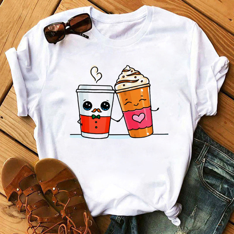 Cute Milk/Tea Print Short Sleeve Women