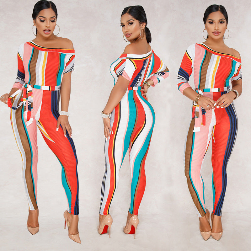 Striped sexy mid-sleeve jumpsuit