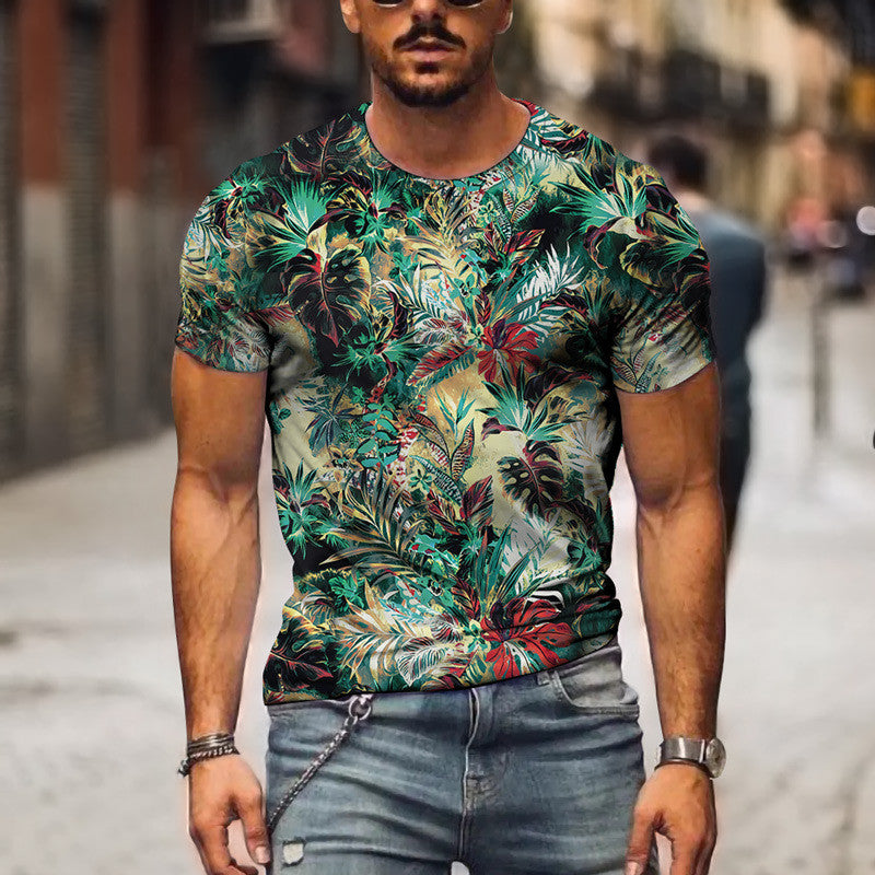 Round Neck 3D Plant Print Short-sleeved T-shirt